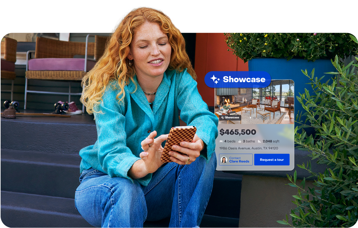 Woman using phone with home showcase