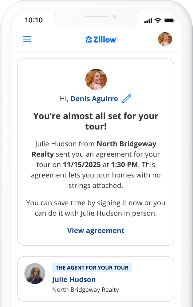 image of phone that displays tour page in Zillow app