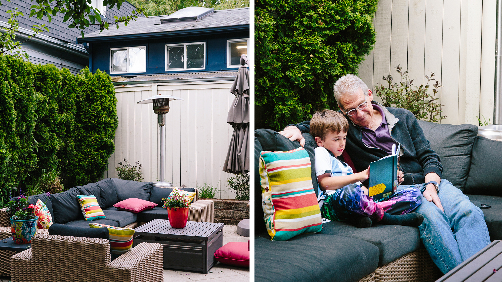 Split photos: On the left, the home's backyard patio holds an arrangement of outdoor seating, and a wall of hedges serves as the back wall. On the right, a grandfather and his 7-year-old grandson sit in that backyard patio reading a book together.