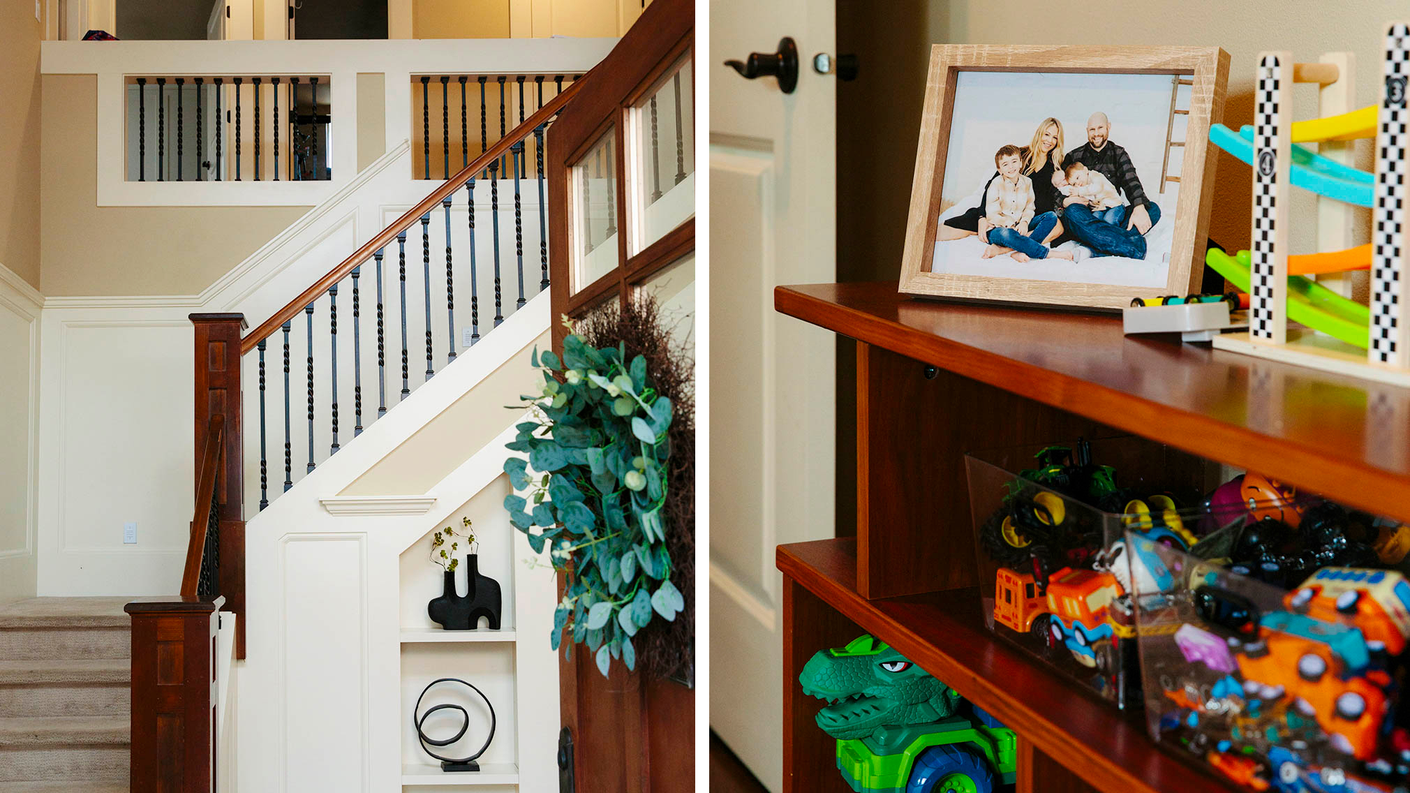 Split photos: On the left, a staircase leading to a home's second floor. On the right, a multi-level shelf is full of toys. A framed photo of a family of four sits at the top shelf, next to more toys.