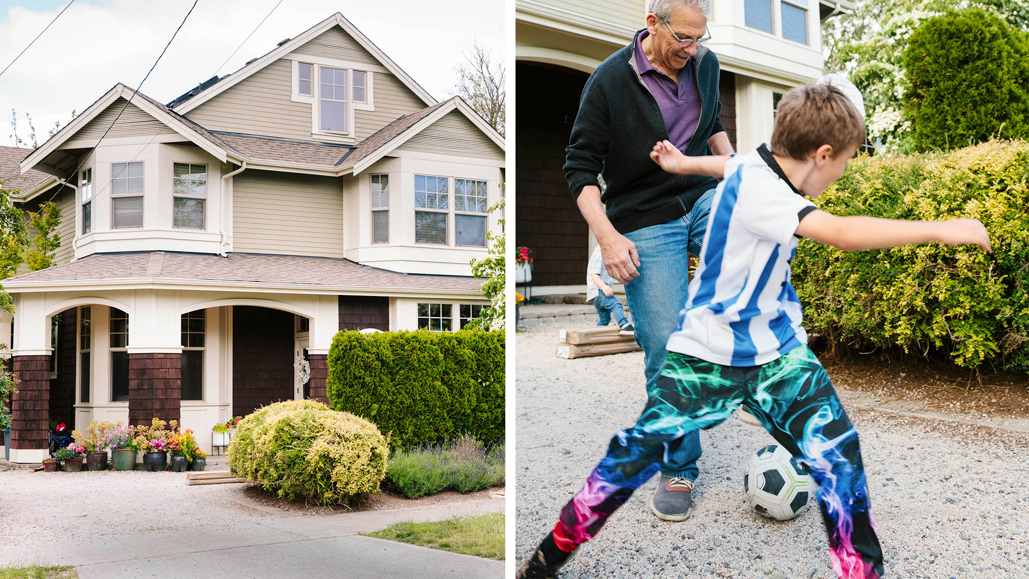 Split image: On the left, a beige two-story Craftsman-style home sits under a bright but cloudy sky. In the right image, a man with greyed hair and glasses kicks a soccer ball to his 7-year-old grandson, who is dressed in a blue and white soccer jersey and bright pants.